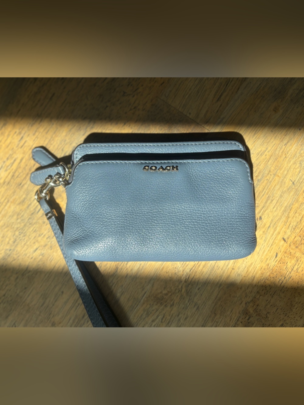 Coach Dusty Blue Double Corner Zip Around Pebbled Leather Wristlet
